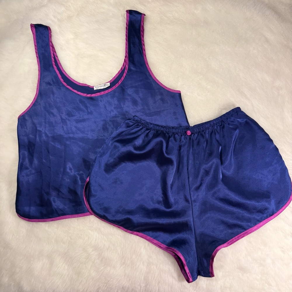 Vintage Dior Silky Sleep Set Size Medium, Two Piece Set, Blue with Pink‎ Lining